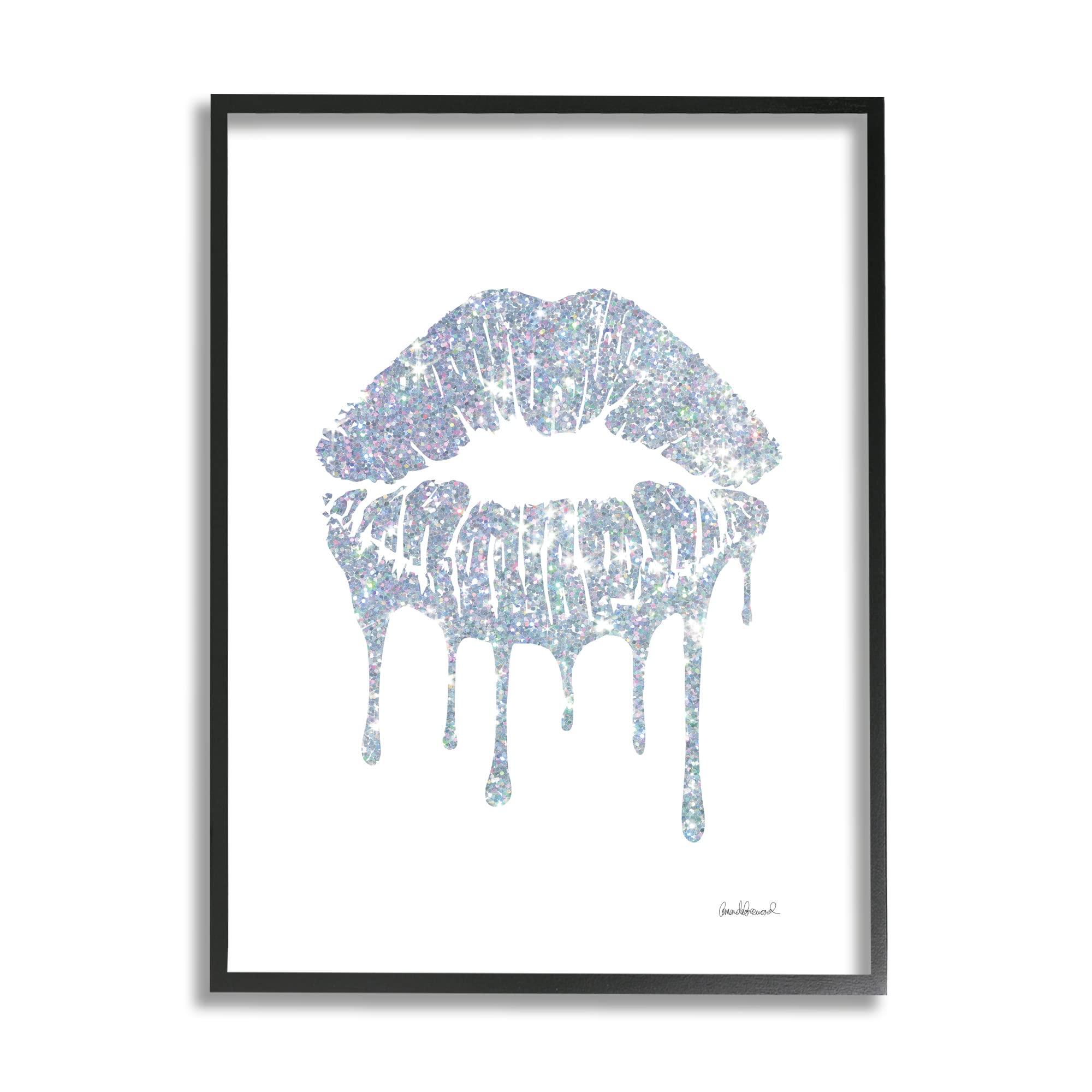 Stupell Industries Stupell Industries Glam Shimmer Lip Pucker Kiss Minimal Cool Tones, Designed by Amanda Greenwood Black Framed Wall Art, 24 x 30, Blue