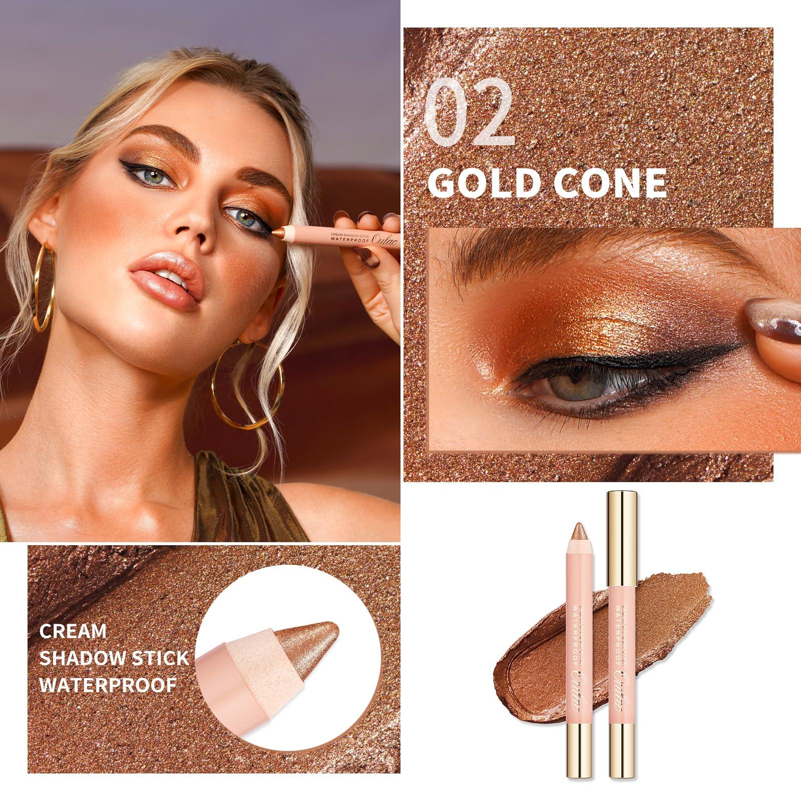 Oulac Oulac Bronze Eyeliner Pencil Waterproof - Highly Pigmented Eye Shadow Stick Smooth and Durable, Shimmering Glitter Finish, Blendable Eyes Makeup, Vegan Beauty 3.8g, (02) Gold Cone