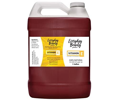 Everyday Beauty Helping You Feel Beautiful Inside Vitamin E Oil Bulk - 1 Gallon - D-Alpha Tocopherol 100% Pure & All Natural 42,500 IU per oz - Thick, Amber Color, Nutty Aroma - From Wheat Germ - Face Body Hair - DIY Cosmetics & After Surgery Scars