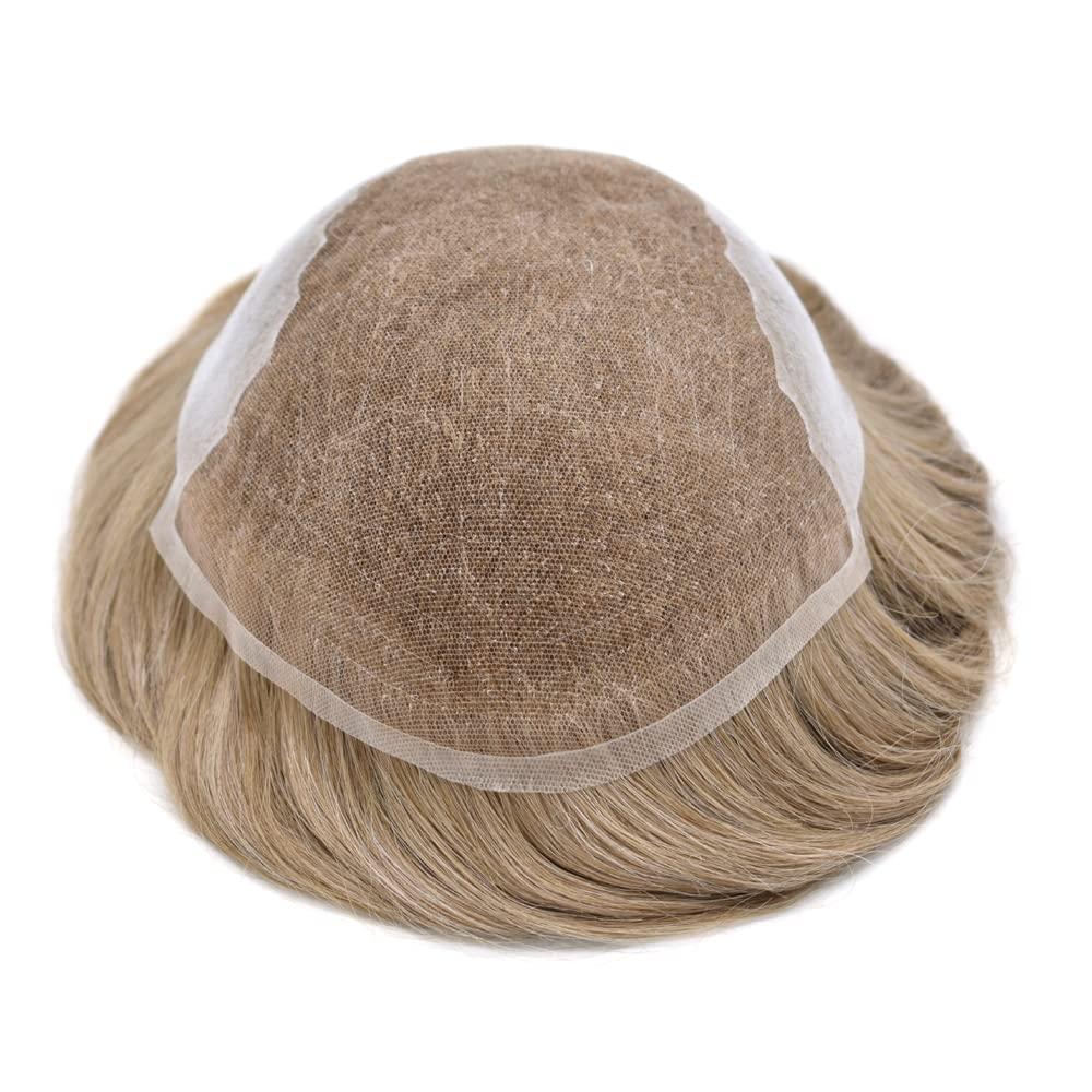 Generic Toupee For Men Swiss Lace Hair Replacement System Virgin Human HairPiece Mens Toupee Lace Front Hair Restoration For Men Poly PU Skin at Back Hair Unit 7\"x9\"#1810 Medium Blonde with 10% Gray-110% density