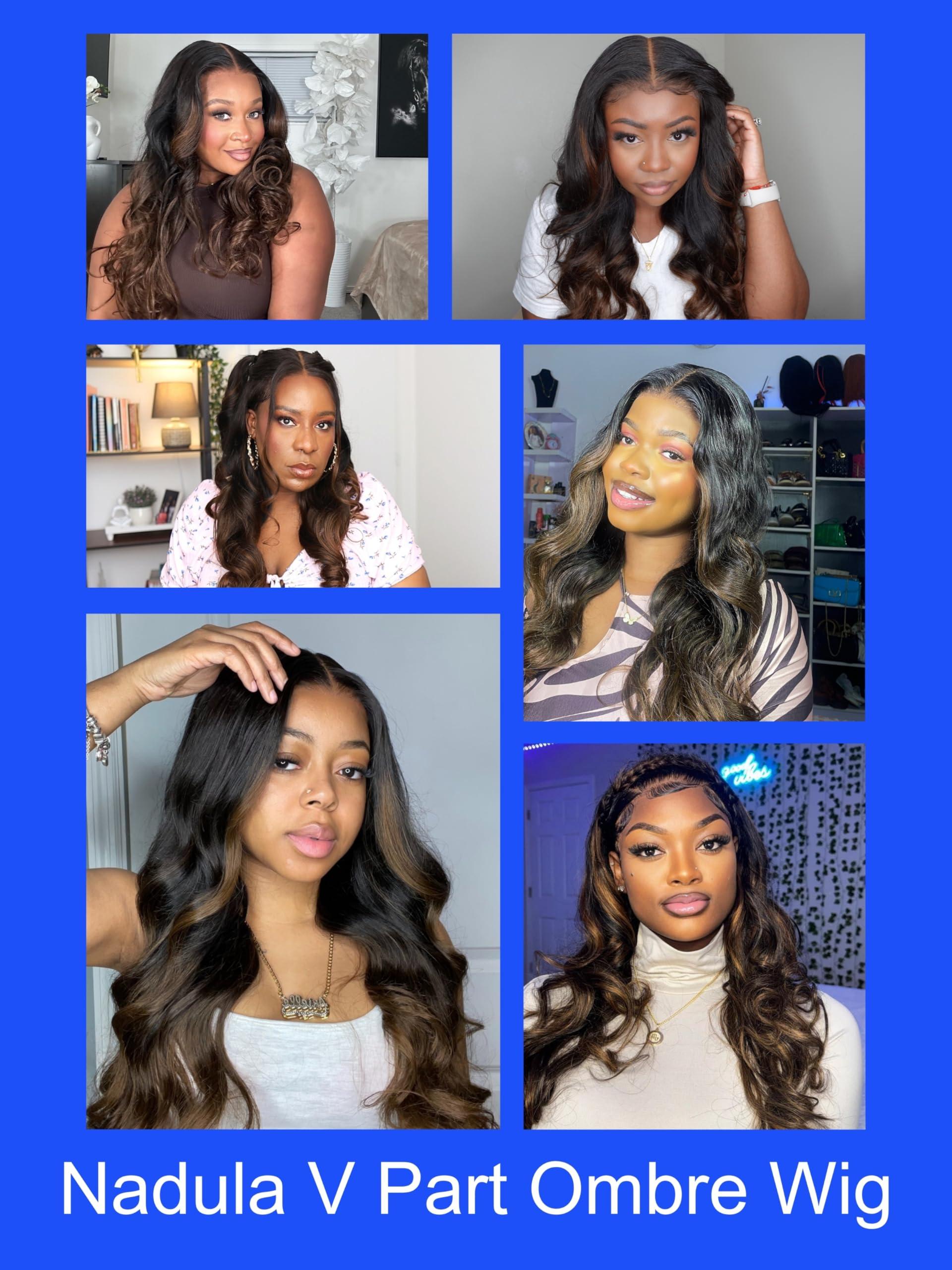 Nadula Nadula Highlight V Part Body Wave Wigs Human Hair No Leave Out Black to Chestnut Brown Ombre Upgrade U Part Wigs, 12A Glueless Ombre V-part Wavy Wigs Clip in Half Wig Ready to Go 180% Density 24inch