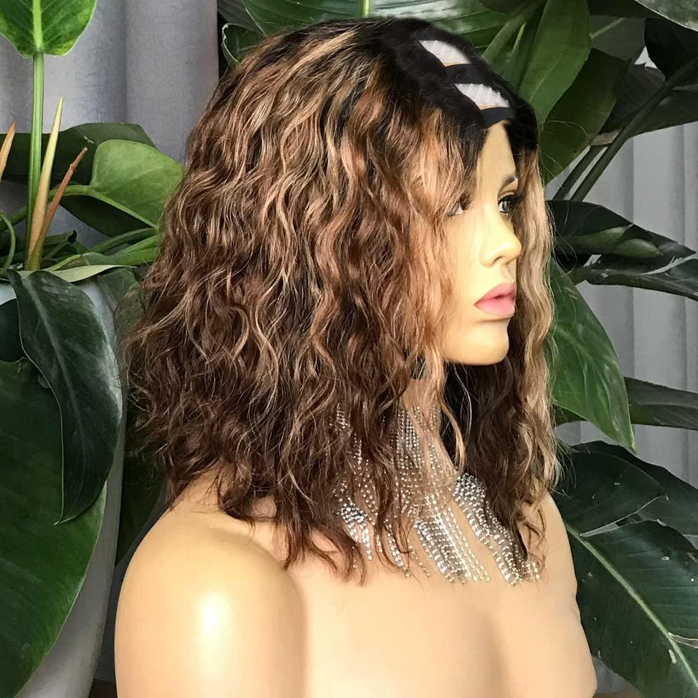 HAOKE Short 1bT4/27 Water Wave Wigs Human Hair 2x4 U Shape Middle Part Human Hair for Black Women 150% Density Beginner Friendly No Sew in NO Glue(10 inch,1BT4/27)