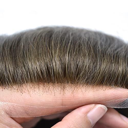 Generic Toupee For Men Swiss Lace Hair System Real Human Hair Piece Swiss Lace Front Mens Toupee Bleached Knots Natural Hairline Men Hair Replacement Sytems US Stock. (8X10\"-90% light to medium density, 5# MEDIUM LIGHT BROWN)