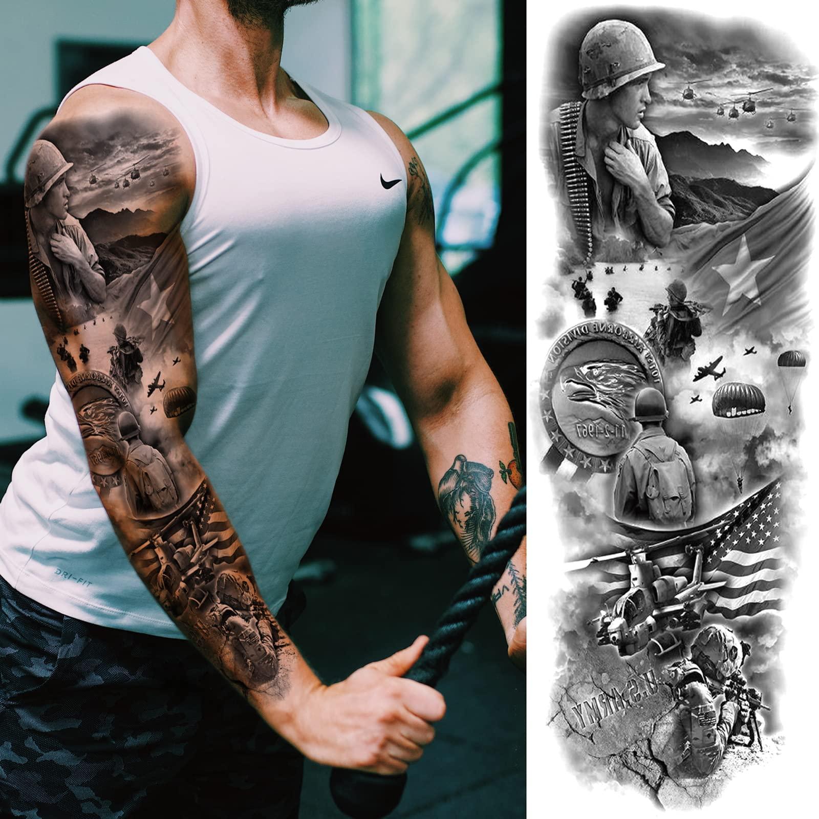 Briyhose Briyhose Military Sleeve Temporary Tattoos For Men Women, Black Full Arm War Soilder Lion Fake Sleeve Tattoo Adult, Long Lasting Large Army Patriotism Temp Tatoo Sticker Leg Body Art Makeup, 4-Sheet