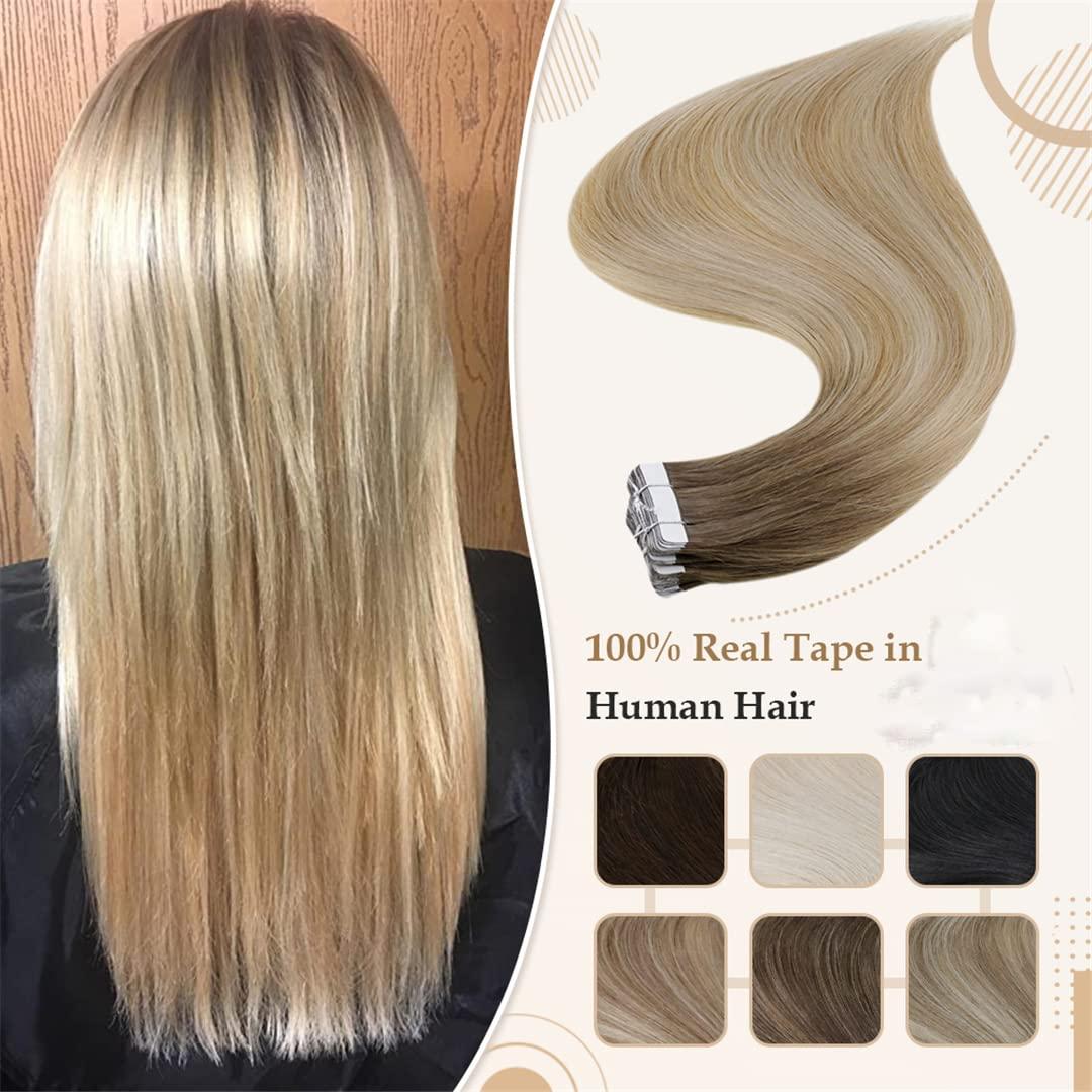 Sweejim Natural Hair Tape In Extensions 100% Remy Human Hair Ombre 40Pcs 100G Seamless Blonde Glue On Hair For Woman 2 6 18 24 inches 20 pcs