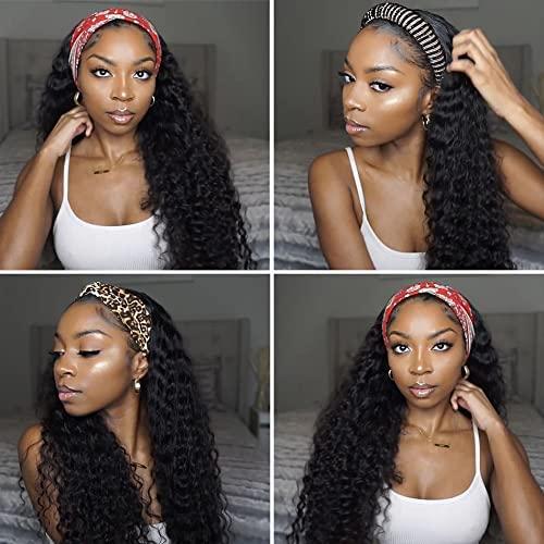 KESEN KESEN Headband Wig Curly Headband Wigs for Black Women Curly Wave Headband Wigs 180% Density Synthetic Glueless Half Wigs with Headbands Attached Natural Human Hair Headband Wigs (18 Inch)