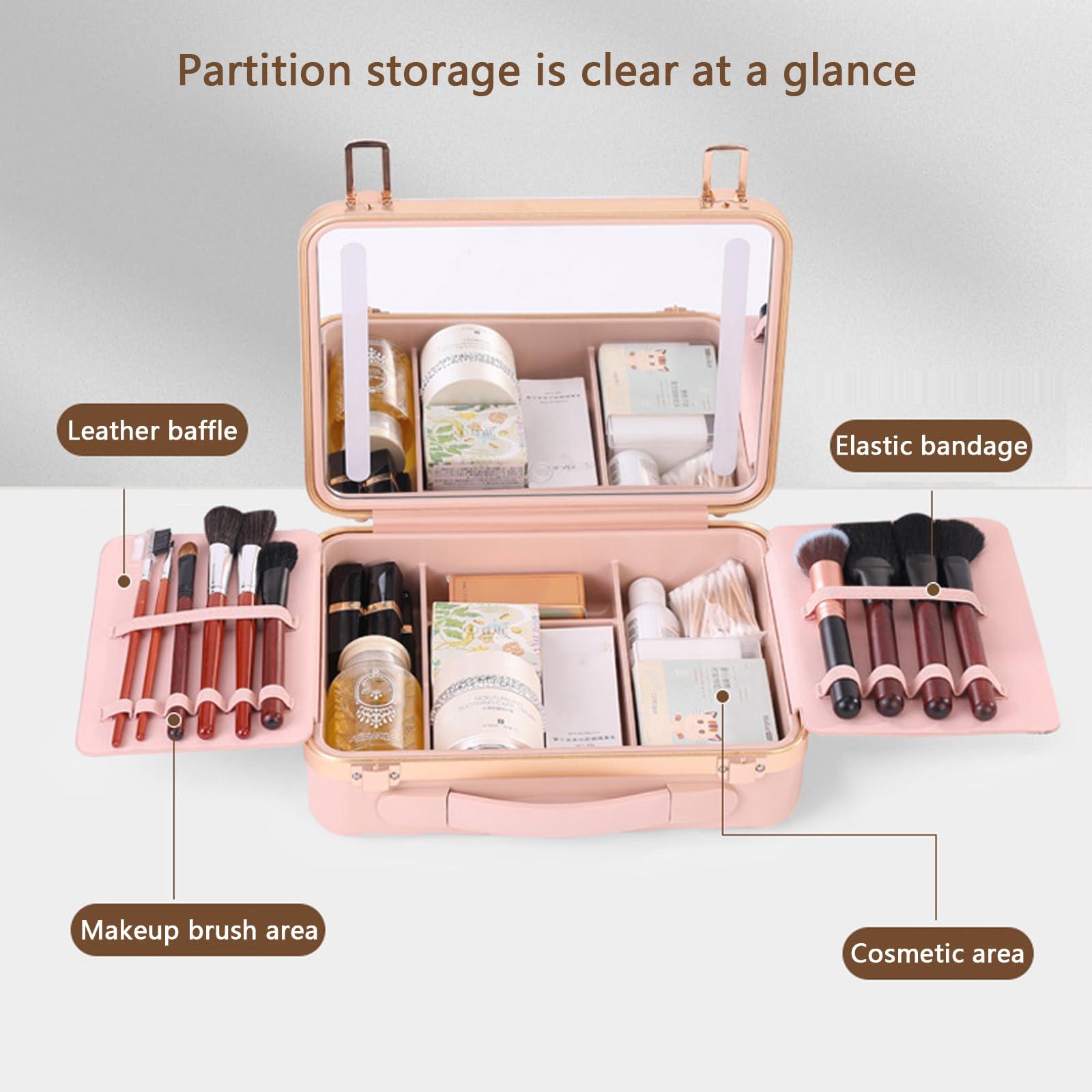 ESRADA ESRADA Makeup Bag Travel Make Up Organiser Bag Storage Vanity Case With Mirror Lamp Rechargeable Portable Makeup Box Cosmetic Bags Pink
