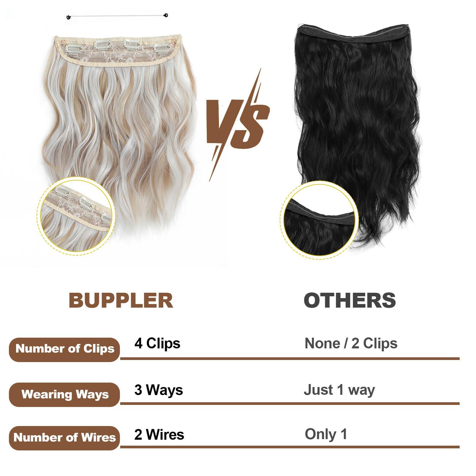 BUPPLER BUPPLER Halo Hair Extensions 12 Inch Invisible Wire Hair Extensions Adjustable Long Wavy Hair Extensions Synthetic Upgrade 4 Secure Clips in Hairpieces 12 Inch, Dark Golden Mix Platinum Blonde