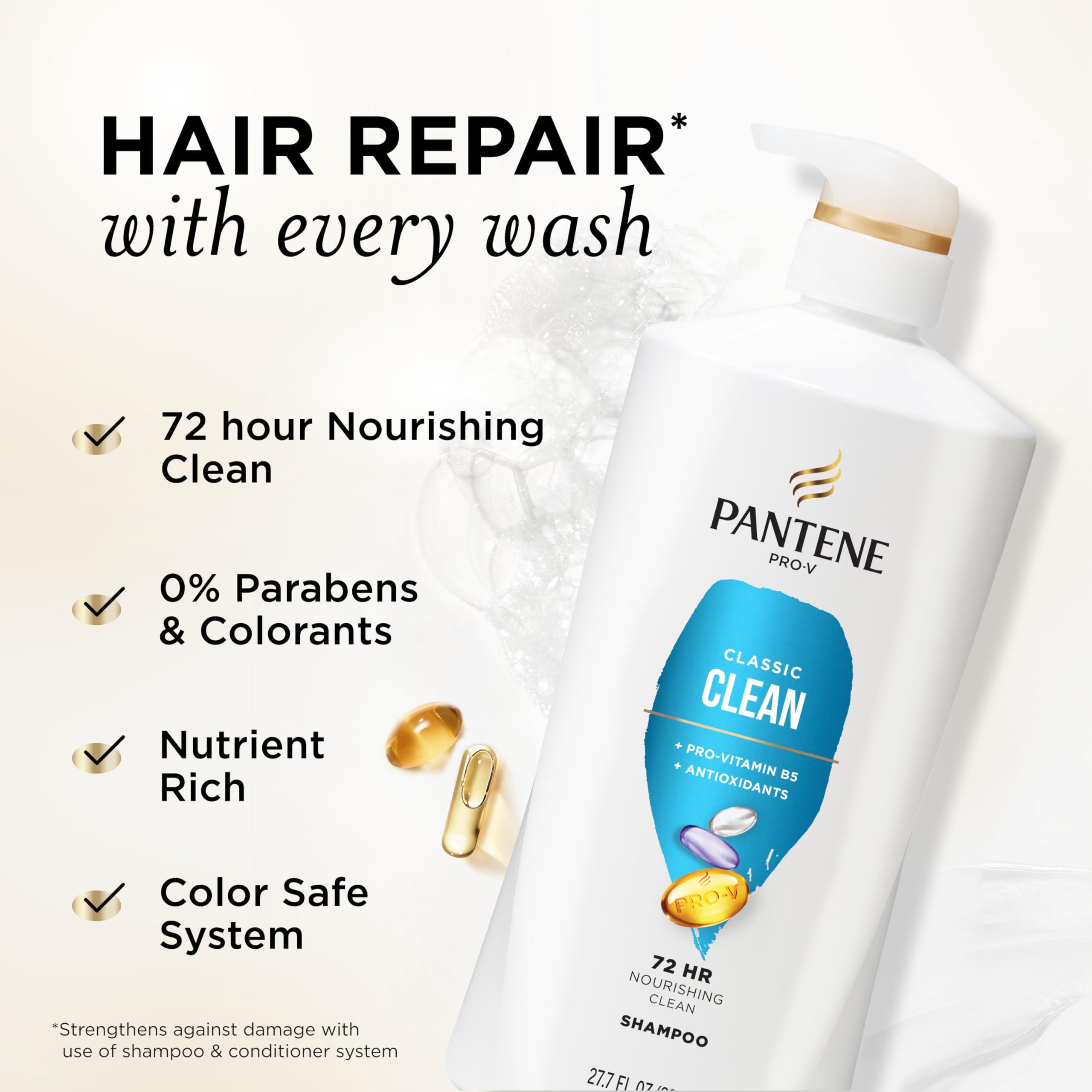 Pantene Pantene Shampoo, Classic Clean - Pro-V Nutrients for Dry, Color-Treated Hair, Healthy Looking Hair Every Wash, Antioxidant-Rich, 27.7 Oz Each, 2-Pack + Miracle Rescue Shot (0.5 Oz)