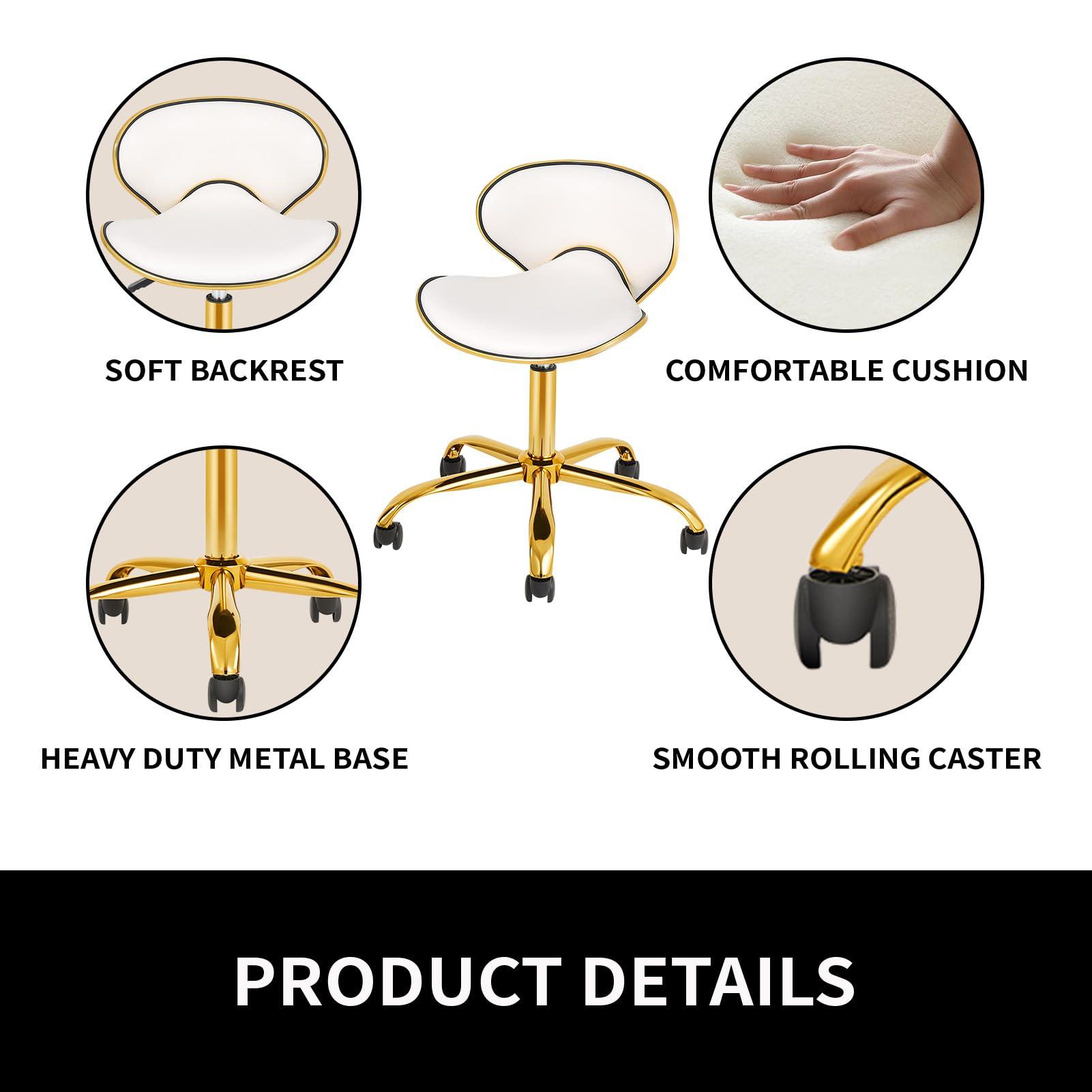 LUXMARS LUXMARS Adjustable Nail Tech Chair Rolling Stool with Backrest, Adjustable Height Stool for Salon, Lash, Nail Tech and Hair Stylist, Massage Tattoo Facial Stool with Wheels-White