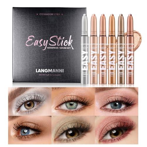 LANGMANNI LANGMANNI Eyeshadow Stick, 6 PCS Waterproof Multi-Color Eyeshadow Pen Set, Creamy Long-Lasting Eye Makeup Kit, Natural & Shimmer Shades Contour Stick, Perfect Gifts For Women (#B)
