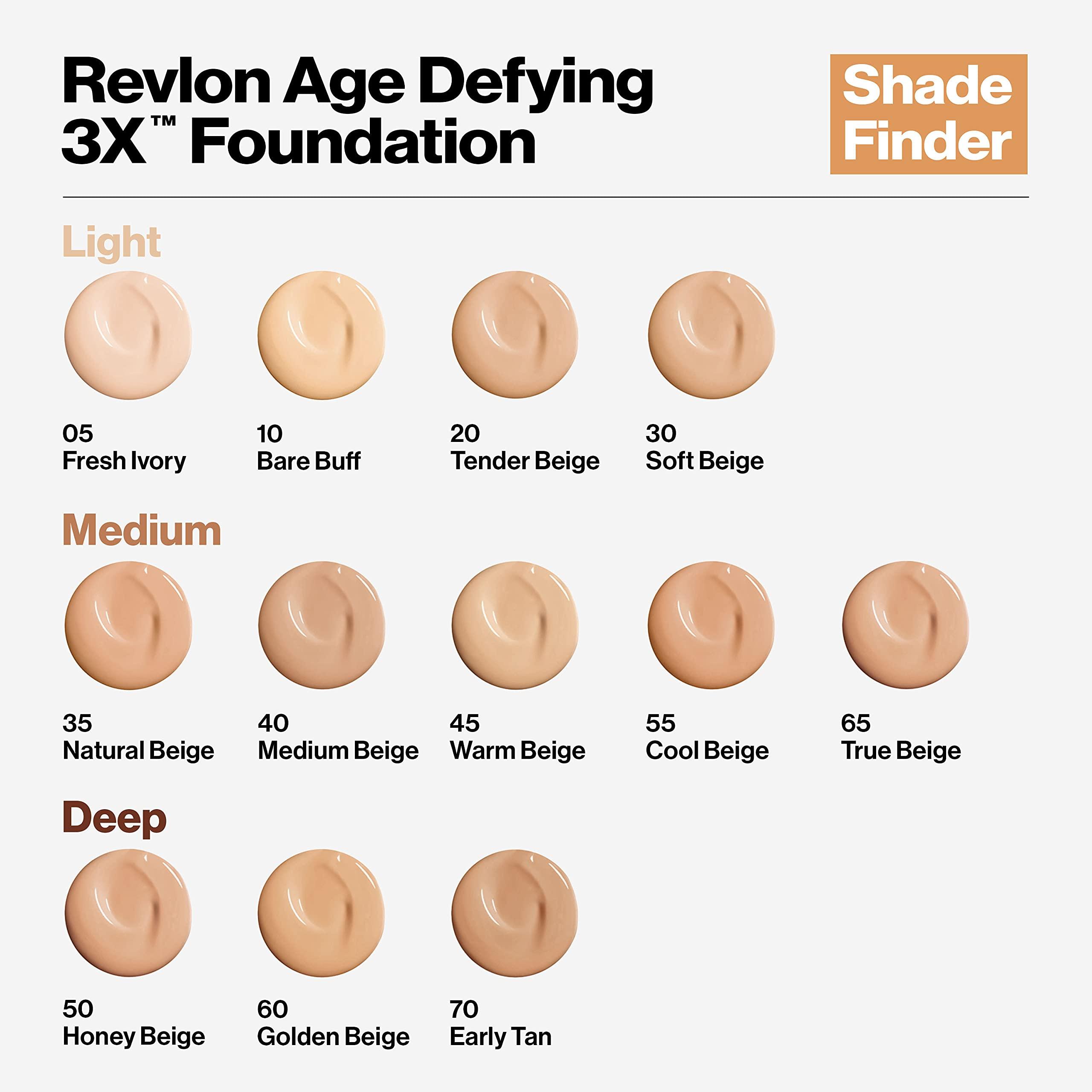 REVLON Revlon Liquid Foundation, Age Defying 3XFace Makeup, Anti-Aging and Firming Formula, SPF 30, Longwear Medium Buildable Coverage with Natural Finish, 005 Fresh Ivory, 1 Fl Oz