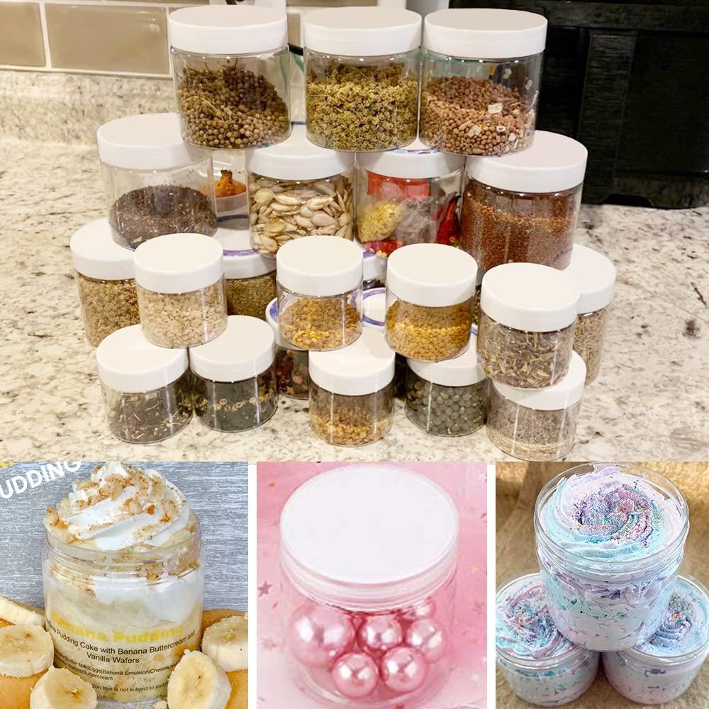 AMORIX 2 oz Plastic Containers with Lids 60pcs Plastic Jars with White Lids + 3/5/10 Gram 12pcs Sample Containers Travel Jar Great for Lip Scrub, Body Butters, Cream, Lotion (72 Pack)