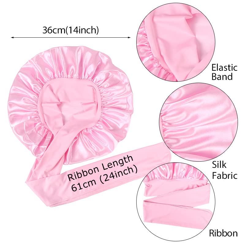 Boyiexin Custom Logo Satin Bonnet Hair Care Bonnet for Sleeping, 20 PCS Silk Bonnet Hair Wrap Cap with Ribbon Tie Band for Women (Dark Pink)