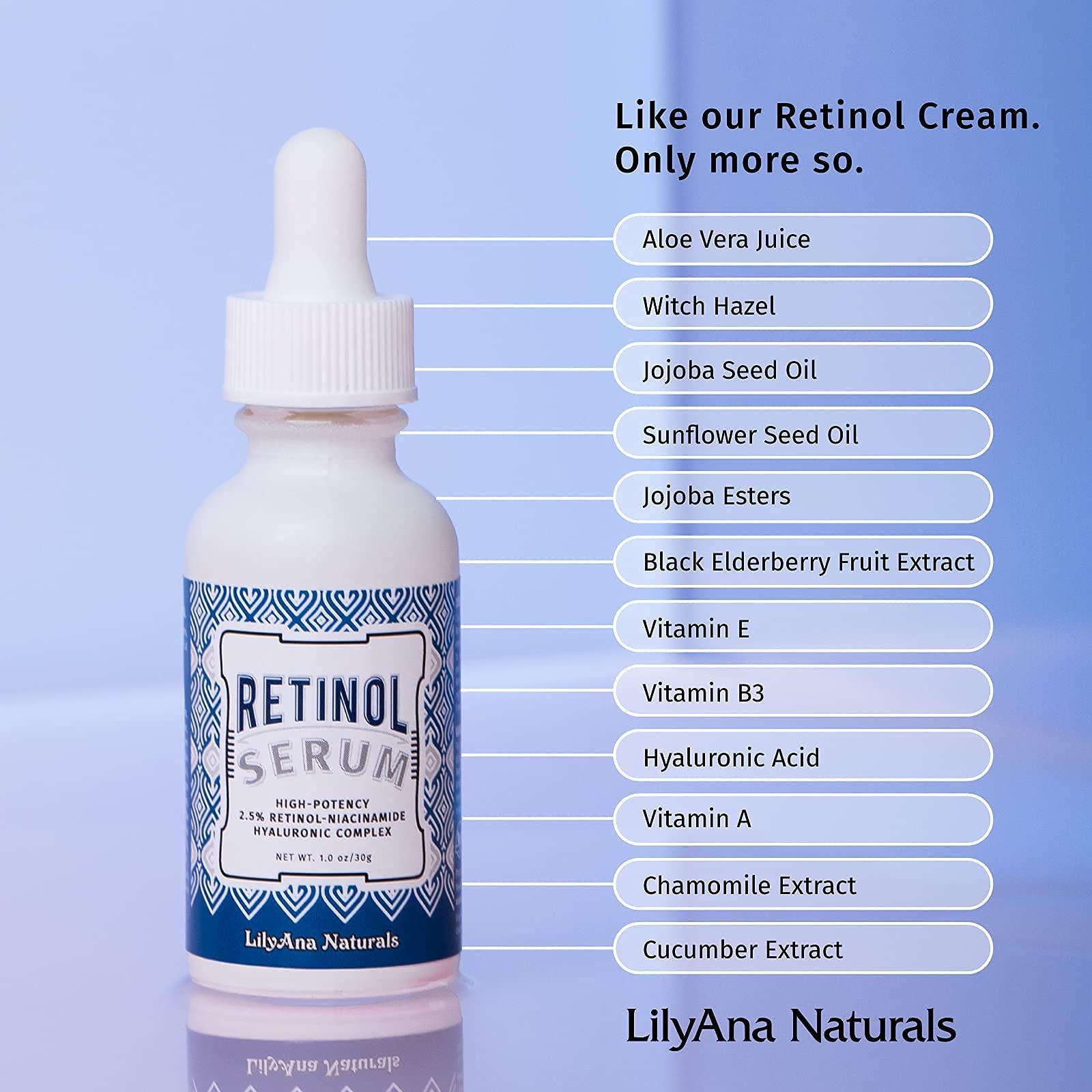 LilyAna Naturals Retinol Plus - Retinol Cream for Face 1.7oz (1-Pack) and LilyAna Naturals Retinol 2.5% Serum 1oz (1-Pack), for effective treatment of dark spots and acne scars