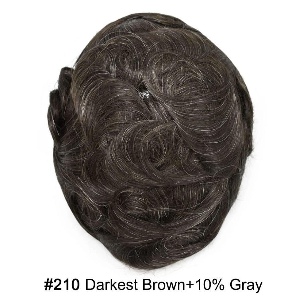 Hair Wonders Mens toupee hair replacement system for men hairpieces toupee for men real human hair pieces for men hair systems Protesis Capilar Para Hombre US Stock6x9-#210 2# DARKEST BROWN+10% GREY