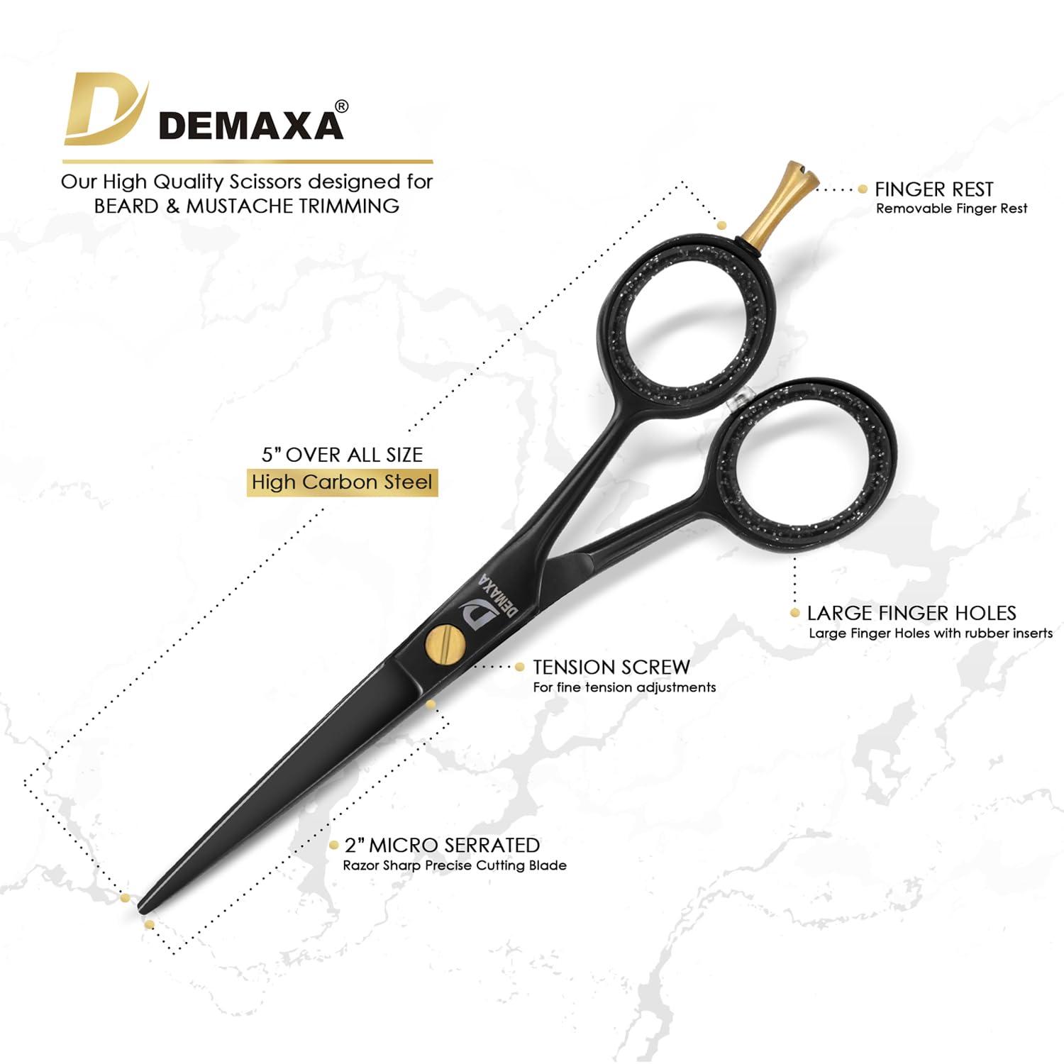 DEMAXA DEMAXA 5\" Professional Beard Mustache Scissors with 1 Mustache Comb, 1 Beard Comb & Soft Pouch Prefect Beard Trimming Scissors for All Facial Hair Scissors Grooming Scissors Men (Black)