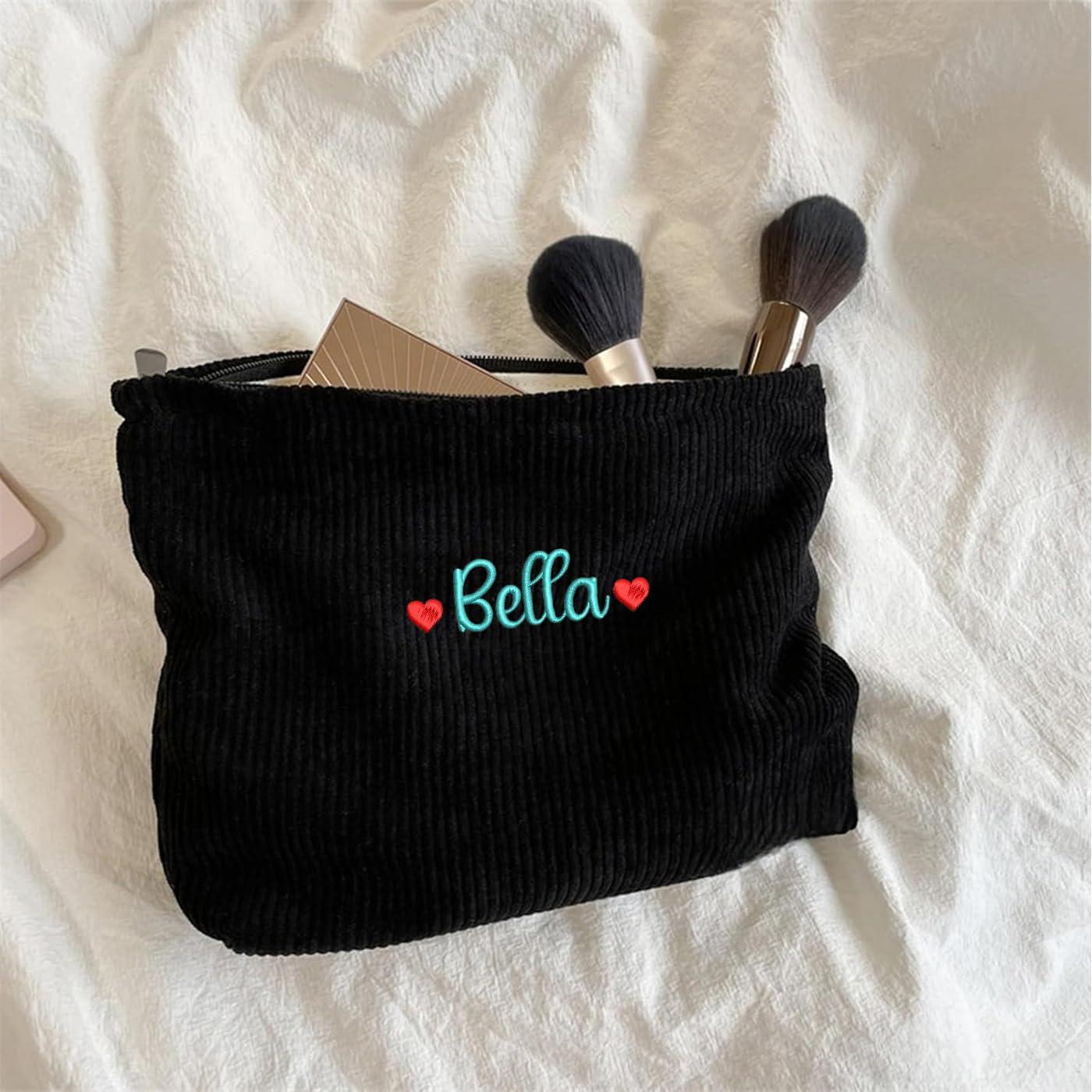 GOPHIE GOPHIE Personalised Corduroy Makeup Bag-Zippered Cosmetic Bag For Women Custom Embroidered Makeuo Pouch Organizer Gift for Her (6, Black)