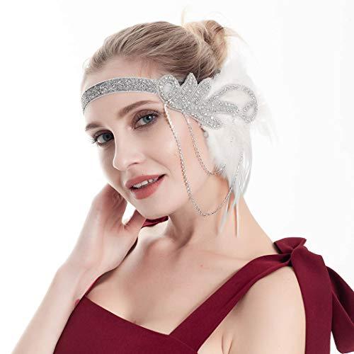 Barode Barode 1920s Flapper Feather Headband Roaring 20s Gatsby Headpiece Prom Festival Vintage Hair Accessories for Women and Girls (White)
