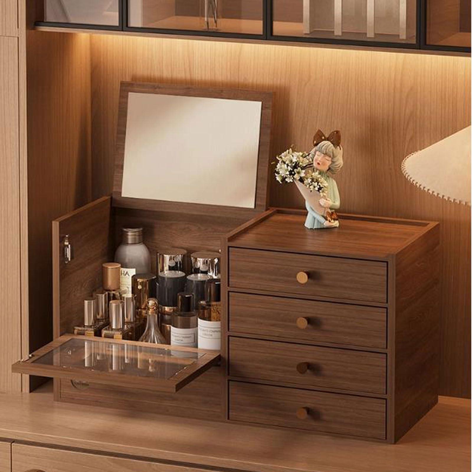 SGUM-SR Makeup Storage Organizer Wooden Makeup Organizer with 4 Drawers and Built-in Mirror, Sturdy Solid Wood Storage Box for Makeup, Accessories, Jewelry and More, Compact Dressing Table Organizer Cosmetics