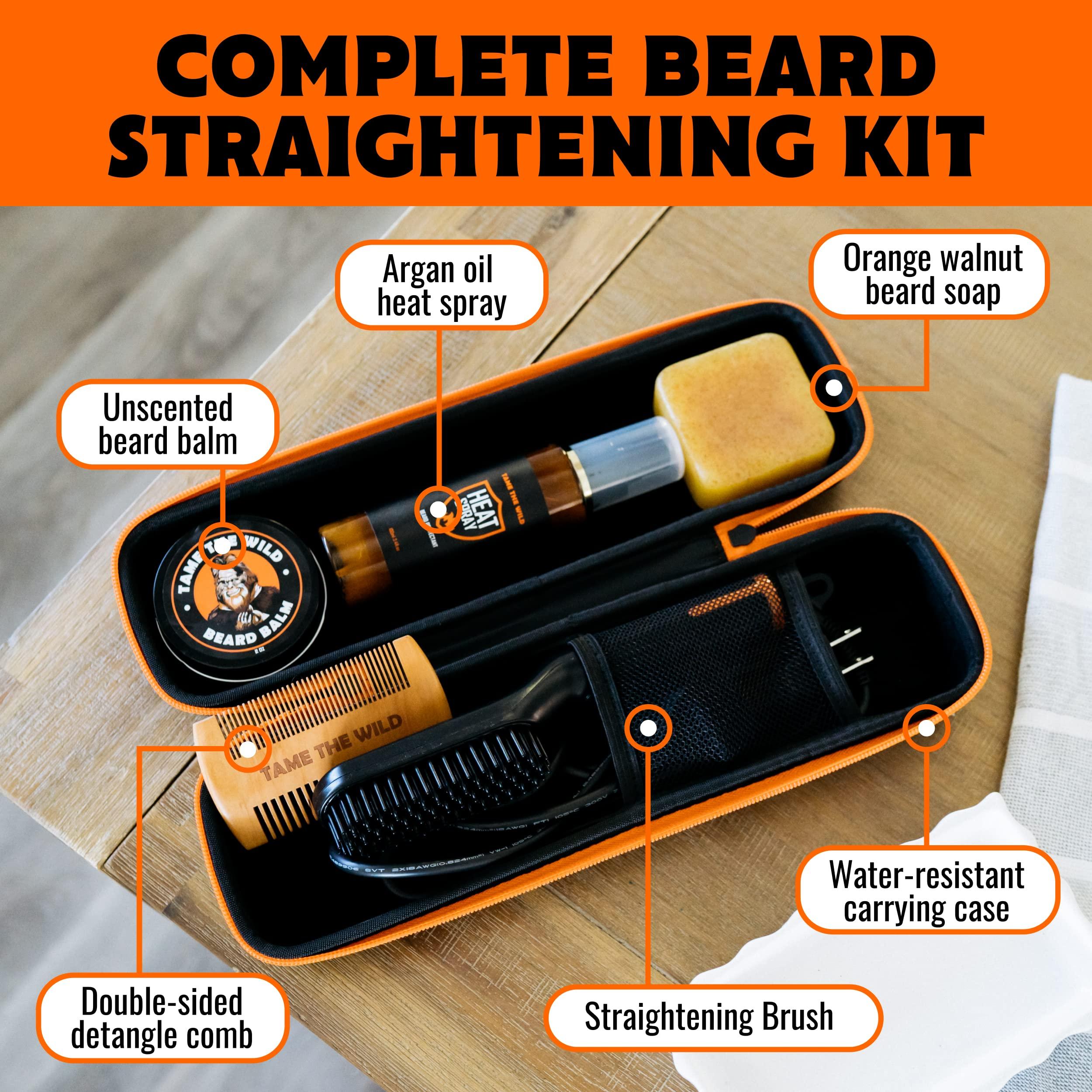 TAME THE WILD MAKE YOUR BEARD BEHAVE Tame the Wild Premium Beard Straightener Kit - Heated Beard Brush for Men - Beard Straightener Comb - Beard Grooming Kit: Beard Heat Protectant Spray, Beard Soap, Beard Balm, Wooden Comb, Storage Case