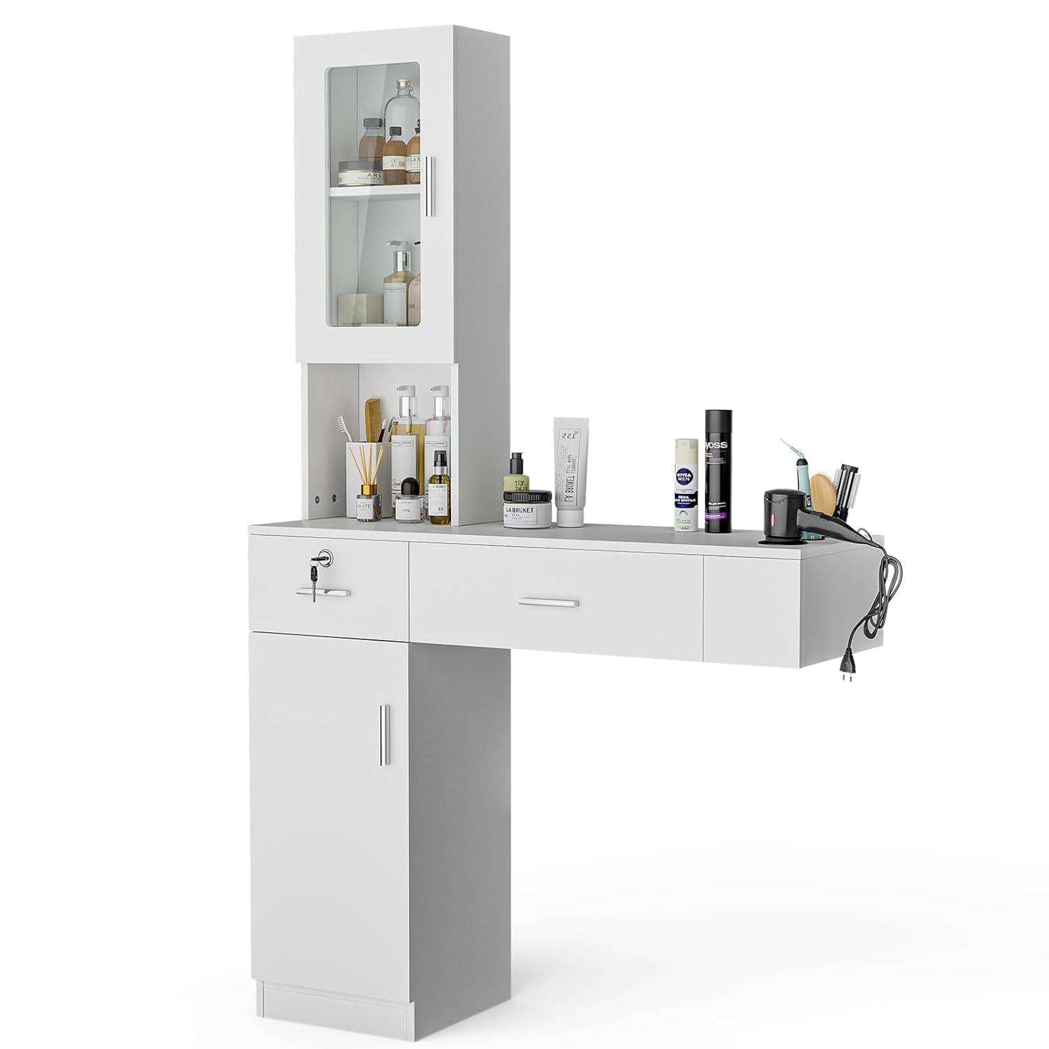 LNRLZYLS LNRLZYLS Barber Salon Station, Wall Mounted Barber Workstation, Home Beauty Salon Set with Storage Cabinet, 2 Drawers and 3 Open Shelves with Glass Doors White