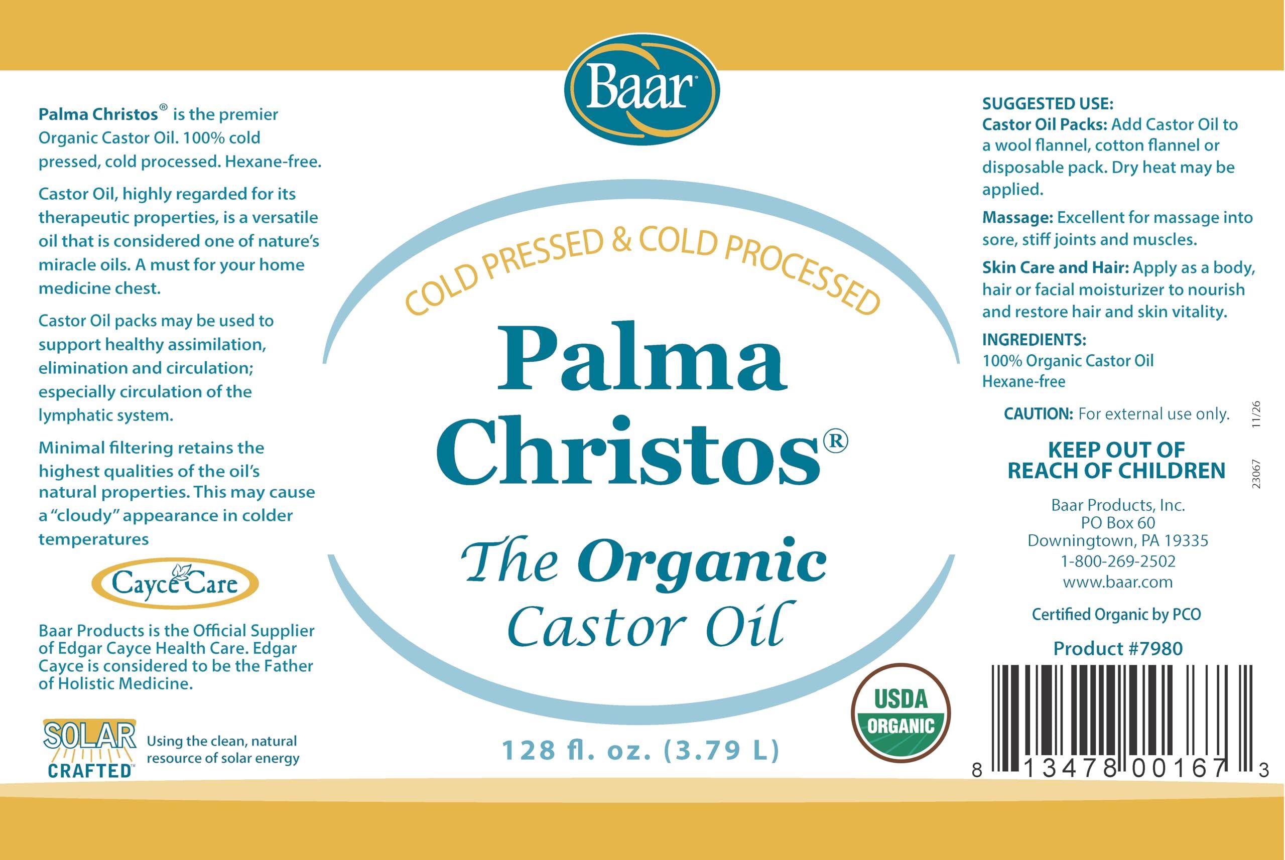 Baar Baar Organic Castor Oil for Eyelash, Eyebrow and Hair Renewal, Skin Repair and Protection, Detox & Cleansing and Relief for Sore Muscles and Stiff Joints, Cold Pressed, Hexane Free, 128 fl oz / 1 gal