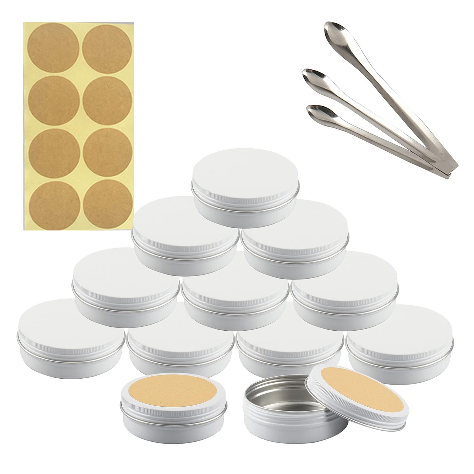 Dlibuy DLIBUY 50 Pcs 100ml 100g Empty Round White Aluminum Tin Jars with Screw Lids Cosmetics Lip Balm Containers Pots for DIY Candle Salve Powder Crafts Storage Cans 3x Alu Spoon, 50x Ø 7cm Labels