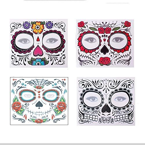 BPNHNA 4 Pack Day of The Dead Sugar Skull Face Temporary Tattoo Halloween Makeup Tattoo Stickers for Halloween Masquerade Party(Floral, Red Roses,Black and Floral Skeleton)