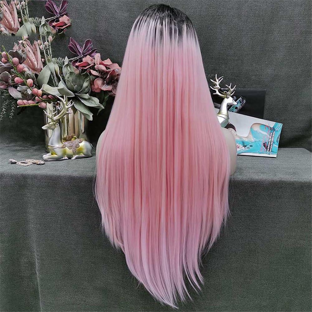 Generic Pink Wig Synthetic Lace Front Wig Dark Root Straight Hair Wigs 24 Inch Cosplay Wigs For Women Pink Lace Front#24inches