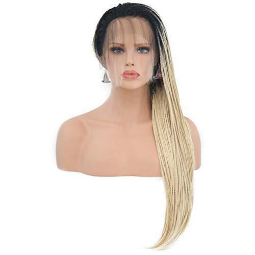 CHENG RUO Hair Cap+26'' Braided Lace Wigs Ombre Blonde Hair with BLack Roots for Women Synthetic Heat Resistant Long Braided Wigs Glueless Half Hand Tied Blonde Micro Braids Lace Front Wig