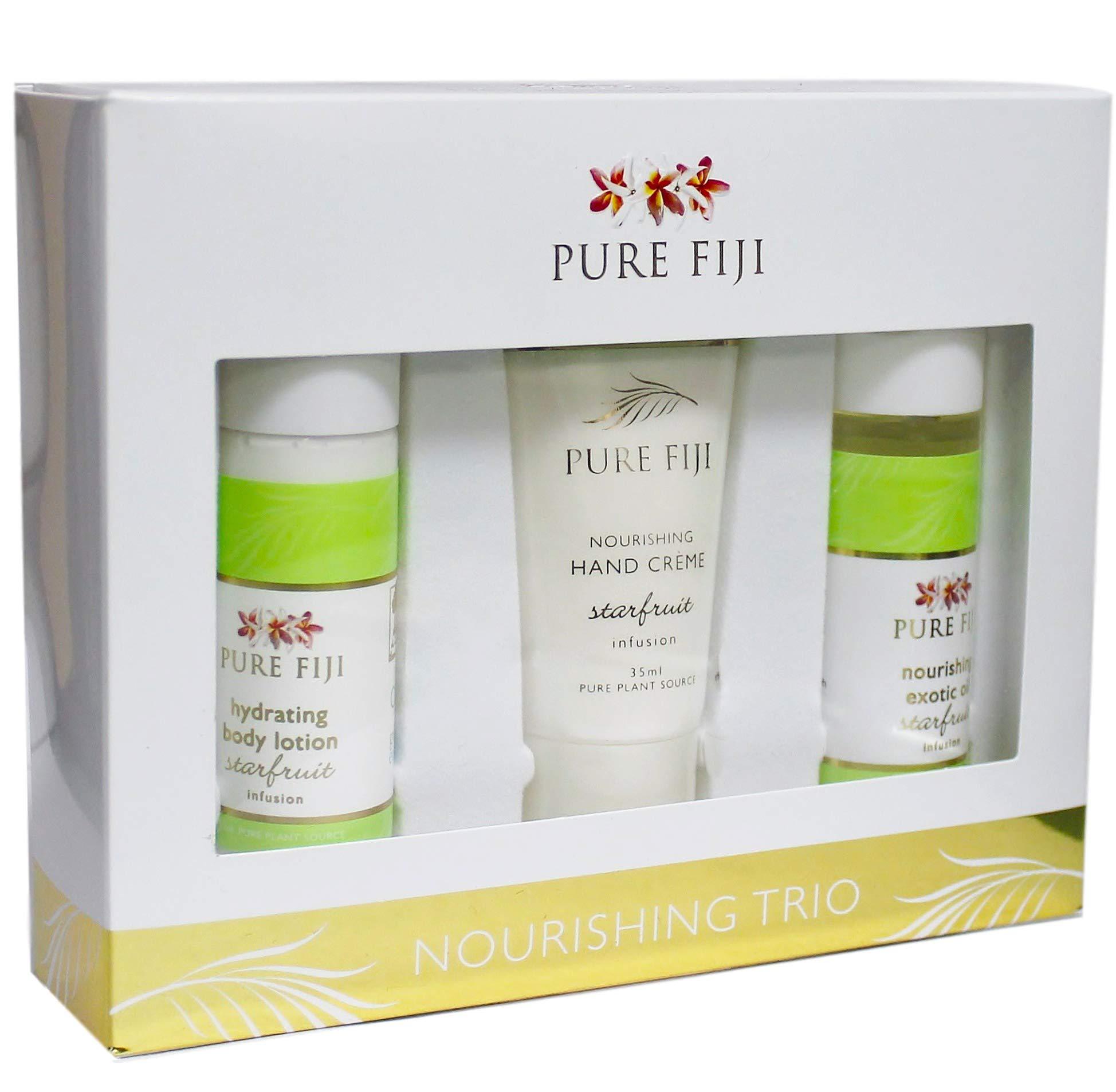 PURE FIJI Pure Fiji Nourishing Trio, Ideal Spa Bath Gift Set for Women - Travel Kit - Includes Exotic Body Oil , Hydrating Body Lotion For Women and Nourishing Hand Cream, Starfruit Scent