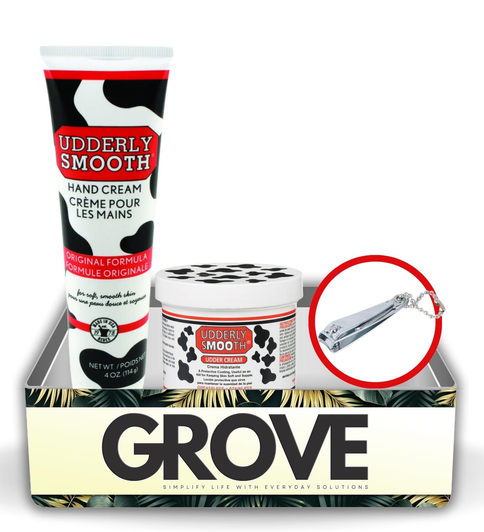 GROVE Udderly Smooth Hand Cream 4 oz + Udderly Smooth Body Cream 10 oz Bundle with Nail Clipper - Moisturizing Cream for Dry, Cracked Skin - Fast-Absorbing Non-Greasy Formula - (3 Items)