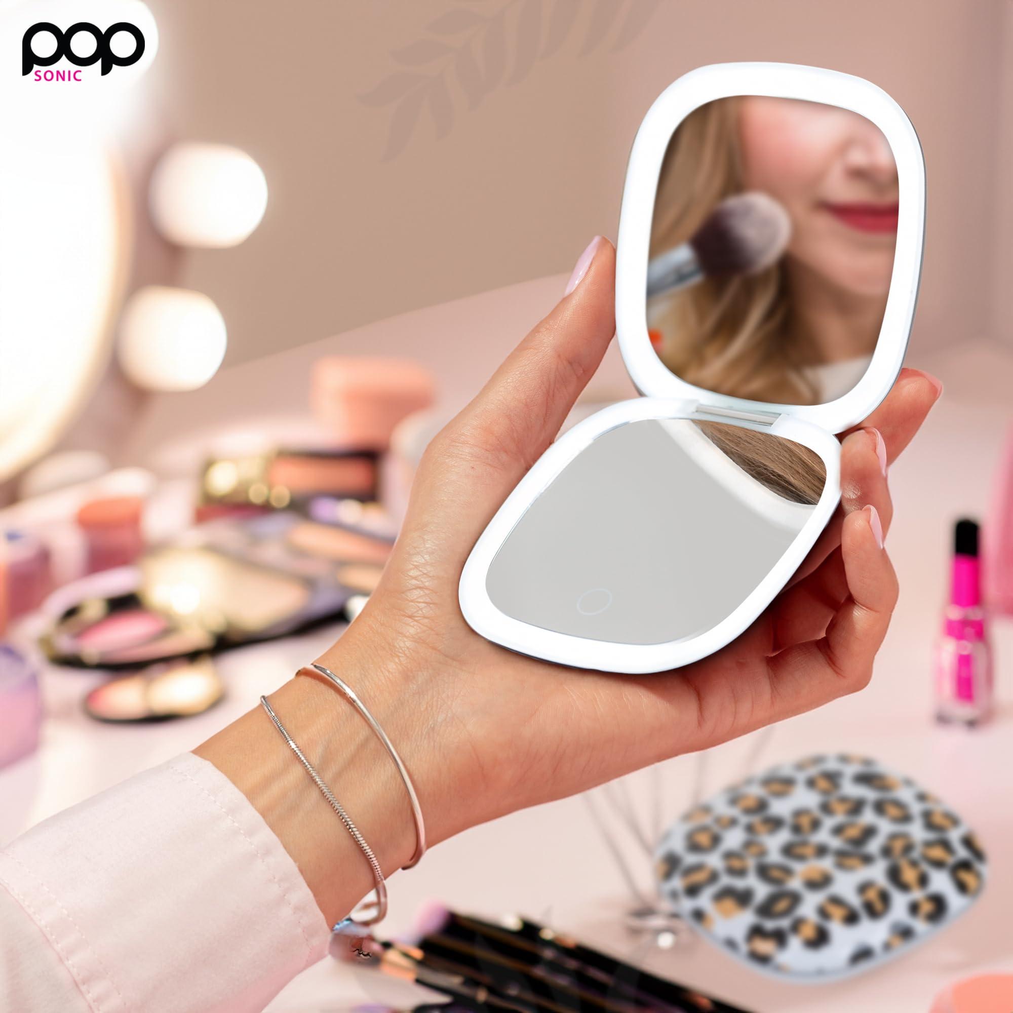 Pop Sonic Square LED Compact Mirror - Adjustable Brightness Light Up Travel Mirror w/ 1x/5x Magnifiers - Portable Makeup Mirror w/Dual-Sided LED Lights (leopard)