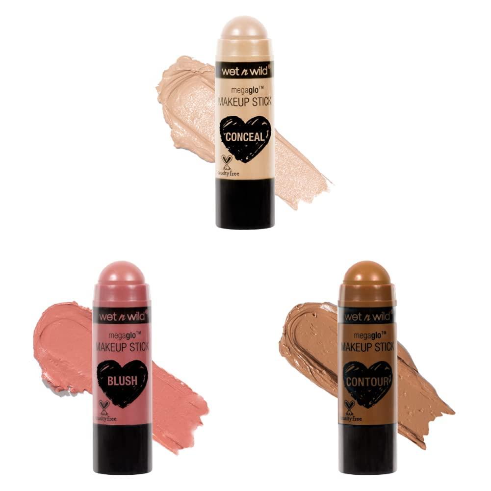 wet n wild Wet n Wild MegaGlo Conceal & Contour Stick, Nude For Thought & Makeup Stick Conceal and Contour Blush Pink Floral Majority & Makeup Stick Conceal and Contour Brown