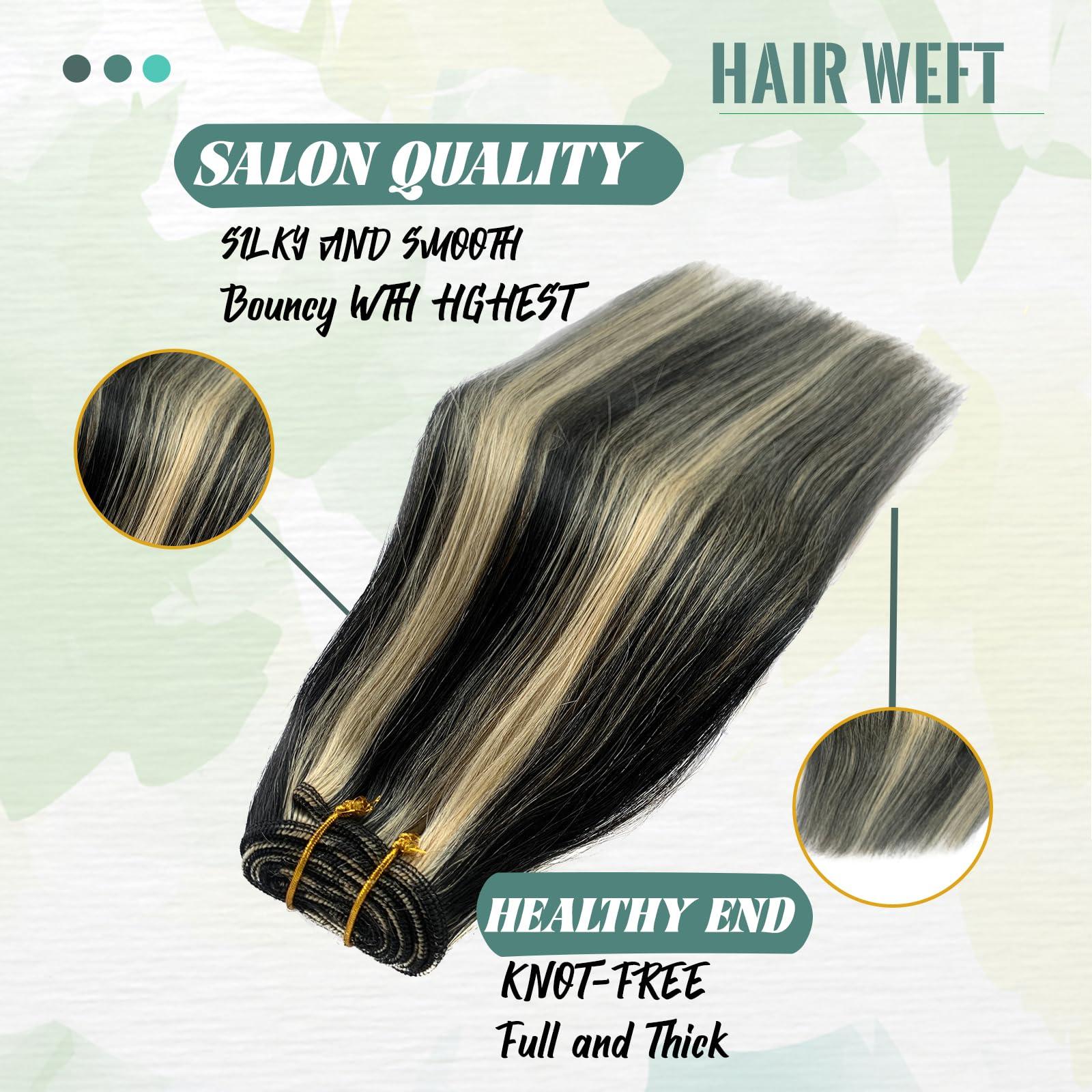 Smavida Weft Hair Extensions Human Hair, Balayage Natural Black to Blonde Sew in Remy Hair Extensions Human Hair for Women Sew in Extensions Human Hair Straight Bundles Double Weft Silky Soft Hair 120G