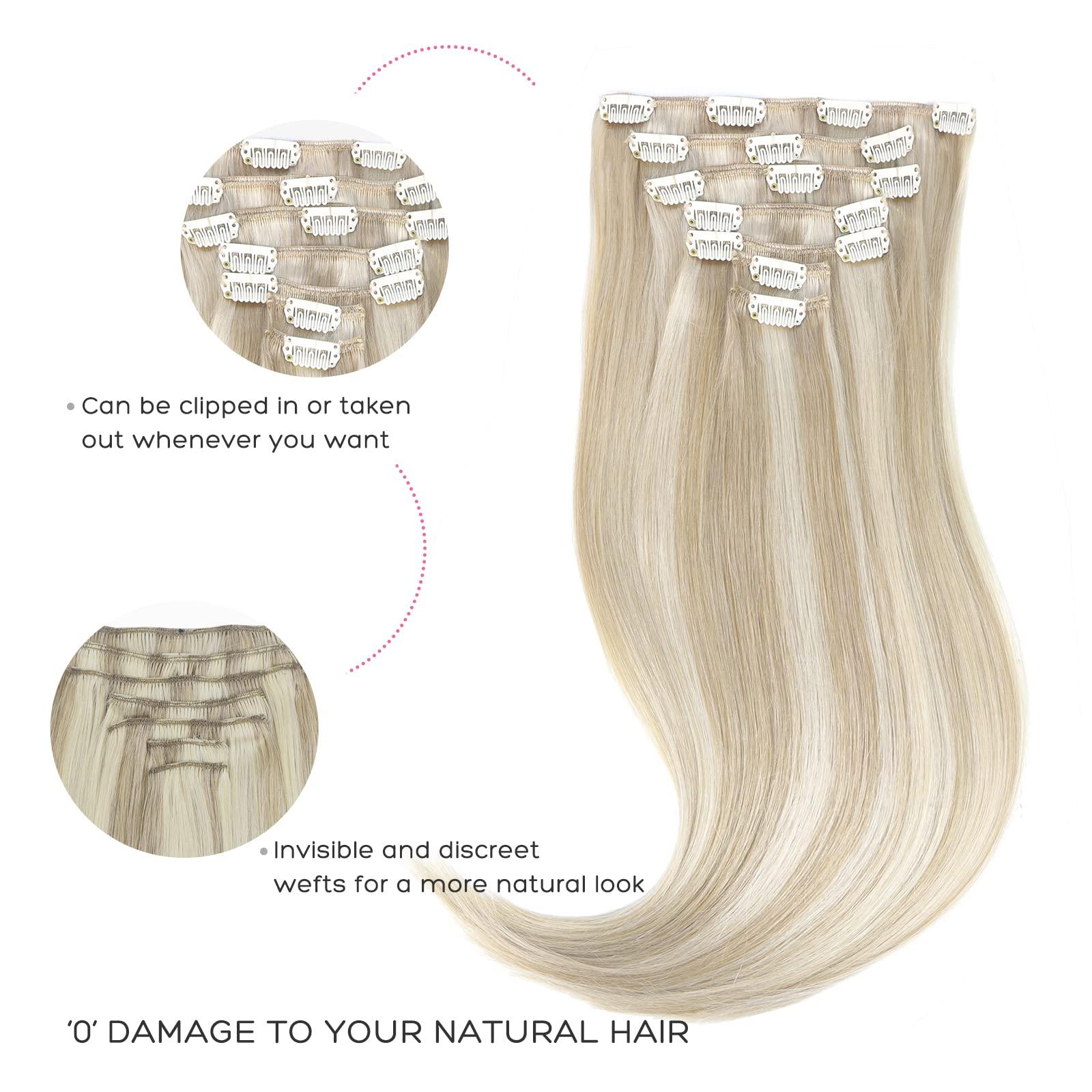 marat Marat Hair Extensions Clip in Human Hair, Ash Blonde Highlighted Platinum Blonde Clip in Hair Extensions 16 inch 120g Straight Clip in Hair Extensions Human Hair
