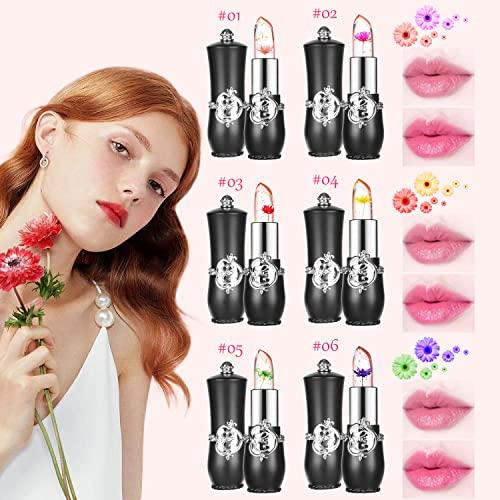 Sulily Sulily 6 Pcs Crystal Flower Jelly Lipstick Long Lasting Nutritious Lip Moisturizer Lip Gloss Balm, Lips Moisturizer Magic Color Change with Temperature Mood Lip Gloss(Black)