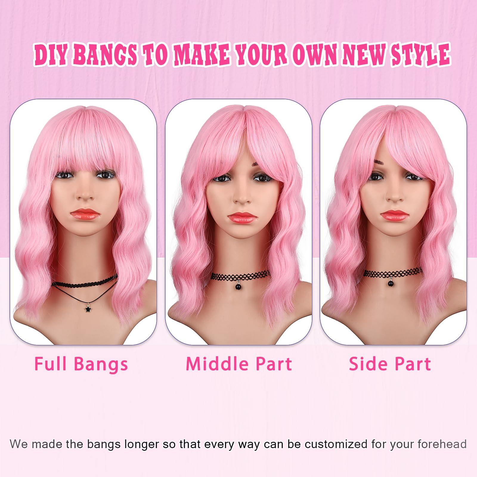 HAIRUP HAIRUP Light Pink Wig with Bangs for Women, Short Wavy Curly Bob Wig Pastel Pink Wigs 14 Inch Medium Length Colored Wig Party Cosplay Halloween Wigs