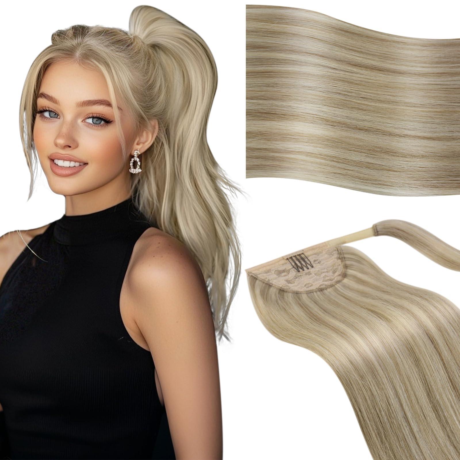 Vivien Vivien Ponytail Extension Human Hair Wrap Around Ponytail Extension Ash Blonde Highlight Golden Blonde Pony Tails Hair Extensions Clip in Ponytail Hair Extensions for Women 80G 18inch