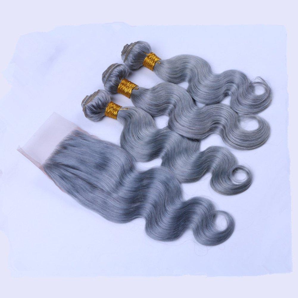 Ruma Hair Ruma Hair Pure Grey Hair Weave 3 Bundles With 4x4'' Lace Closure Silver Grey Body Wave Wavy Virgin Human Hair Extensions With Free Part Top Closures Piece (20 with 22 24 26)