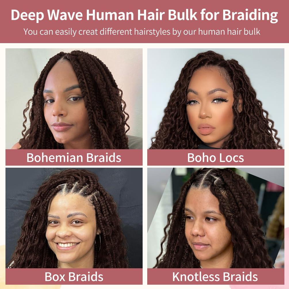 ISWEET 2 Bundle Human Braiding Hair for Boho Braids, 16Inch 80G #4 10A Brazilian Virgin Deep Wave Bulk Human Hair for Braiding, Wet And Wavy No Weft Curly Braiding Hair for Boho Knotless Braids