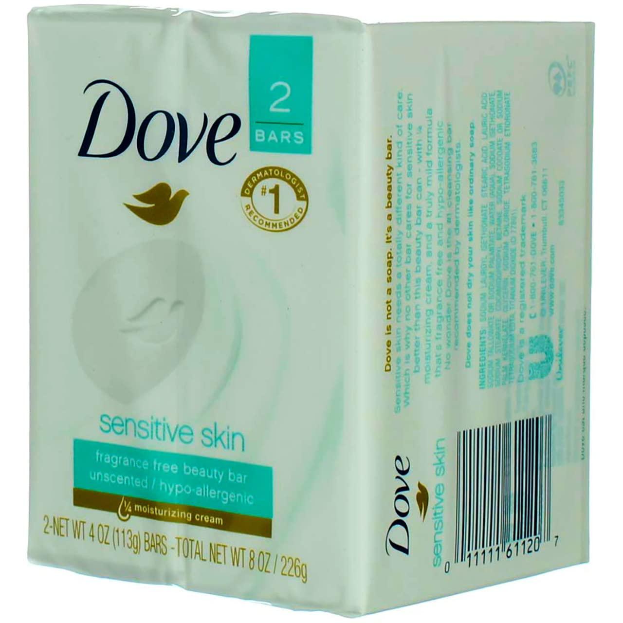 Dove Dove Sensitive Skin Beauty Bar Soap, Unscented, 4 oz, 2 Ct (2 Pack) (Bundle)