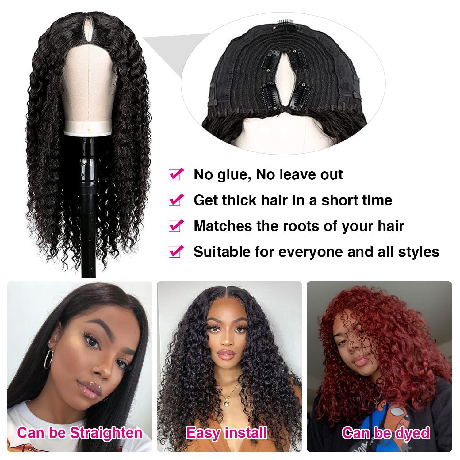 UNILO UNILO V Part Wig Human Hair No Leave Out Upgrade Curly V Part Wig Human Hair Wig for Women 150% Density V Part Wig No Glue No Sew Clip In Half Wig Natural Color 16 Inch