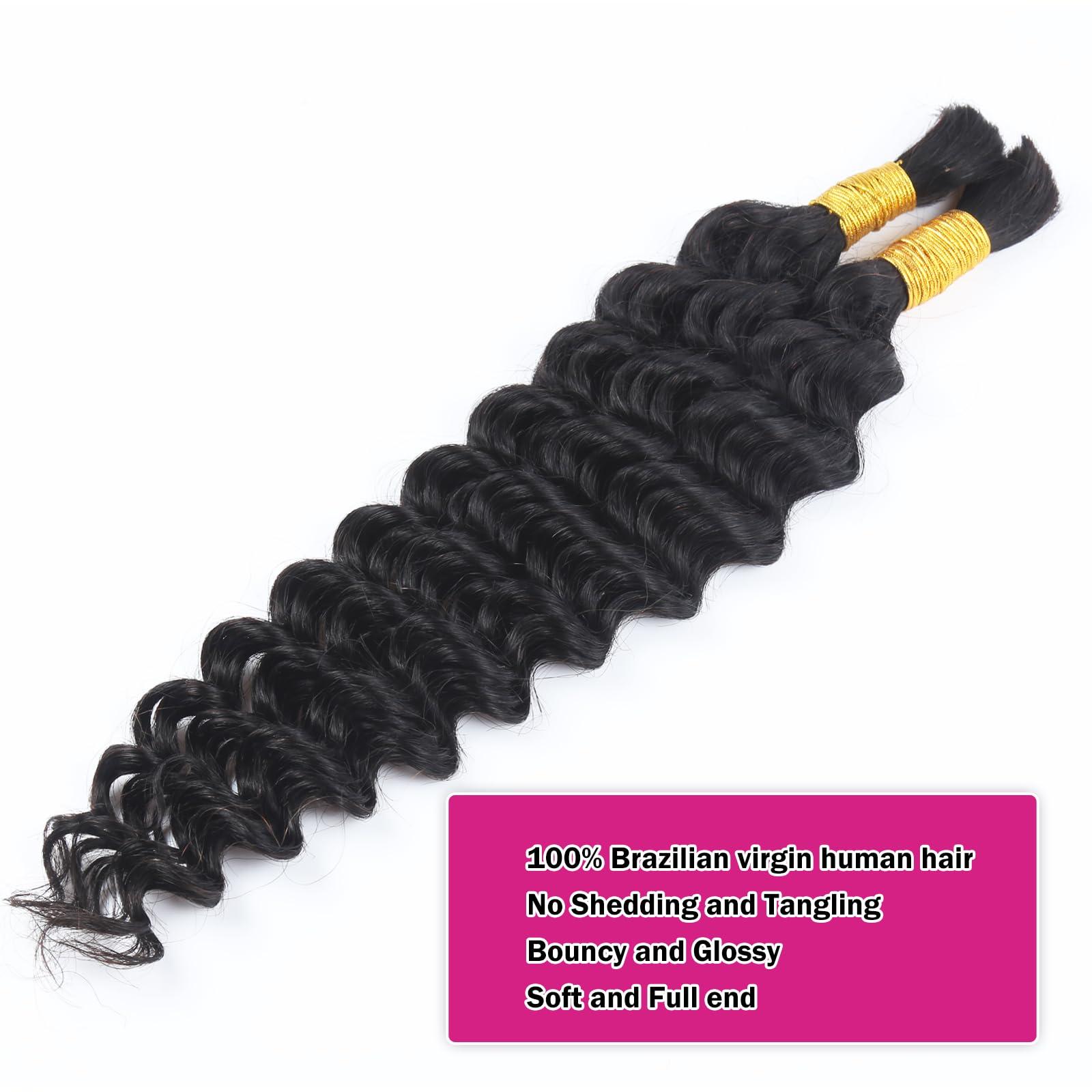 RESACA RESACA Deep Wave Bulk Human Hair for Braiding 22 Inch 2 Bundles 100% Unprocessed Brazilian Virgin Human Hair Extensions Micro Braiding Human Hair 100g (1B)