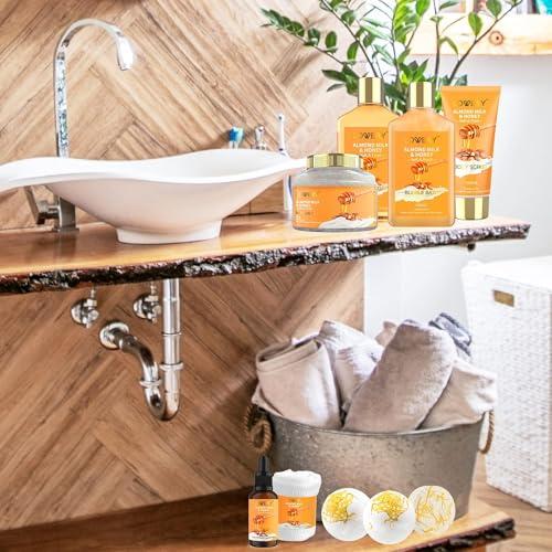 LOVERY Gift Basket for Women - 10 Pc Almond Milk & Honey Beauty & Personal Care Set - Home Bath Pampering Package for Relaxing - Spa Self Care Kit - Thank You, Birthday, Mom, Anniversary Gift