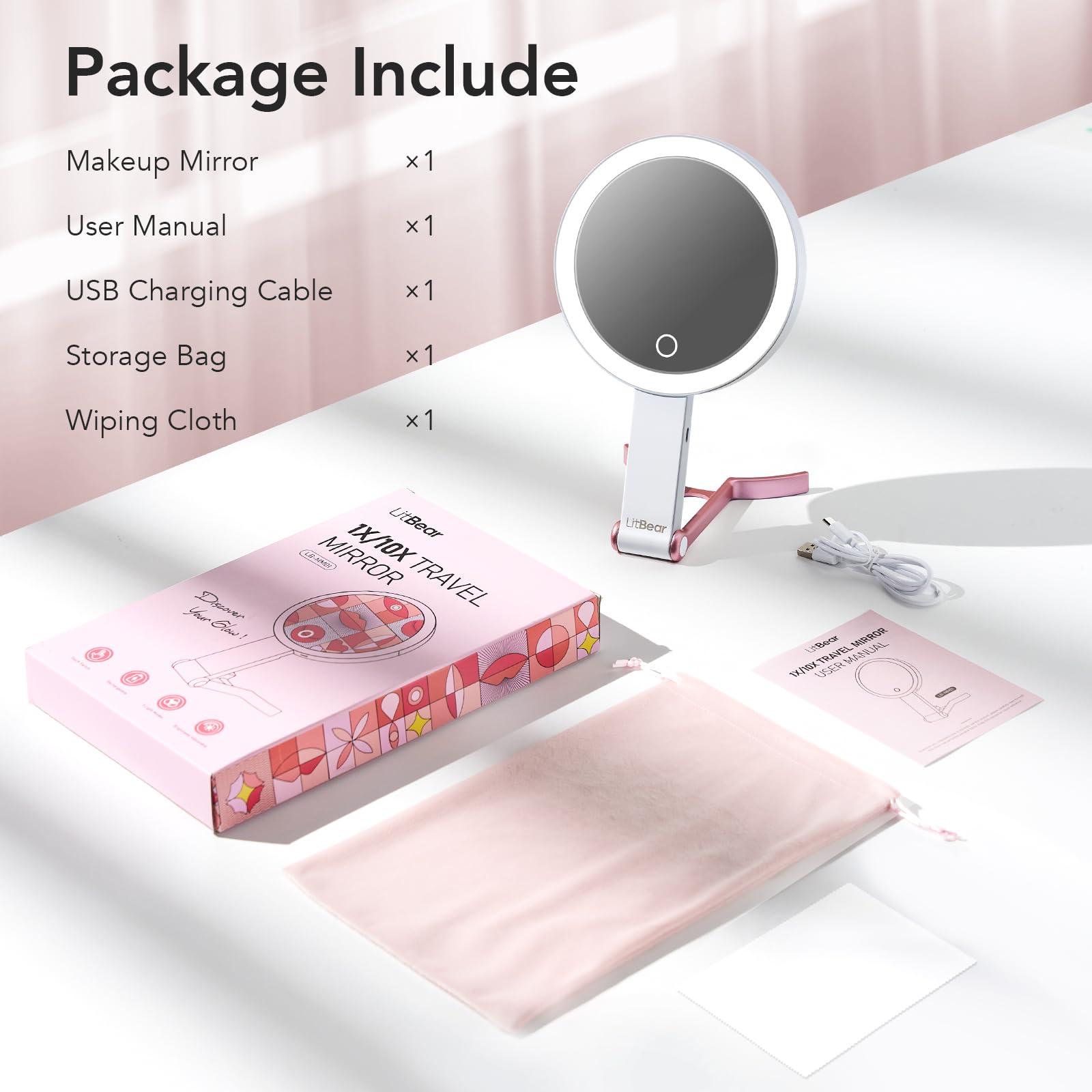 LitBear LitBear Travel Makeup Mirror with Lights, Rechargeable Double-Sided 10X/1X Magnifying Mirror, Portable Lighted Beauty Mirror, 3 Color Lighting, Dimmable Touch Screen, Tabletop Handhold Hanging (White)