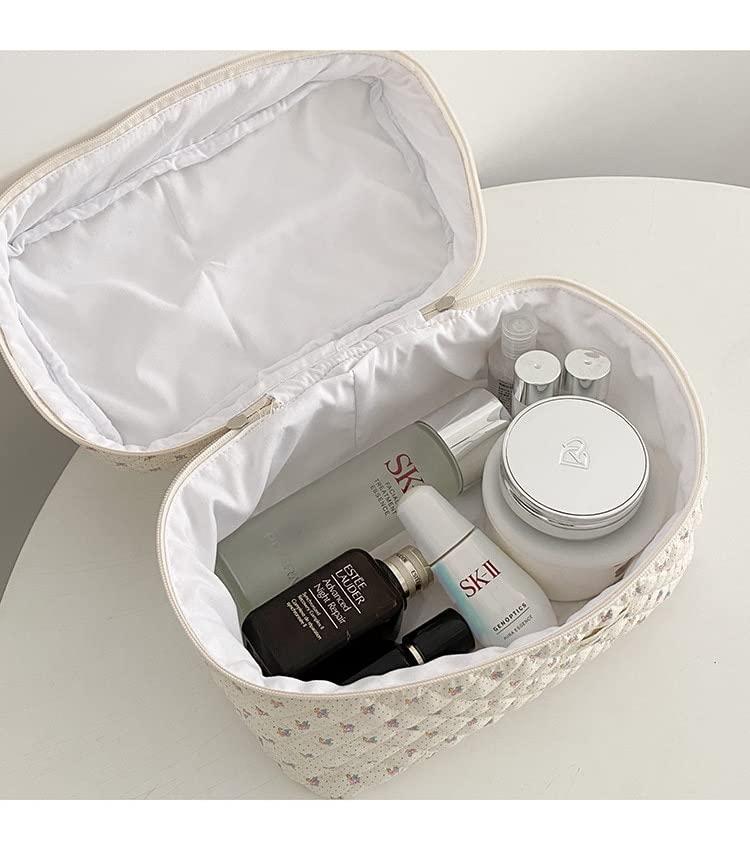 GESALOP GESALOP Cute Quilted Cotton Makeup Bag Lady\'s Zipper Cosmetics Organizer Portable Girl Kawaii Toiletries Box Y2K Accessories (White)