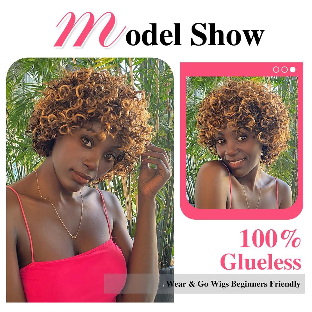 Rebecca Fashion Rebecca Fashion 8\" Highlight Brown Curly Wigs for Black Women Human Hair Short Curly Wigs with Bangs 10A Brazilian Virgin Human Hair 150% Density Wear and Go Glueless Wigs