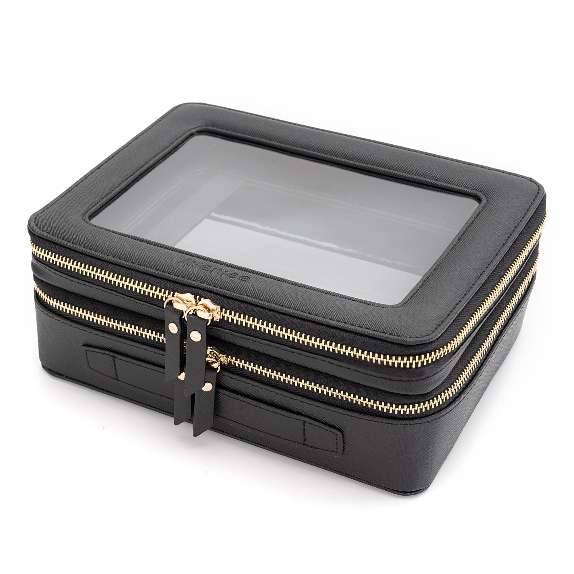 Aveniee Aveniee Clear Makeup Bags, Double Layer Cosmetic Bags with a Separate Brush Compartment, Travel Toiletry Bag Train Case for Women, Travel Accessories Organizer for Purse(2 Layers Large, Black)